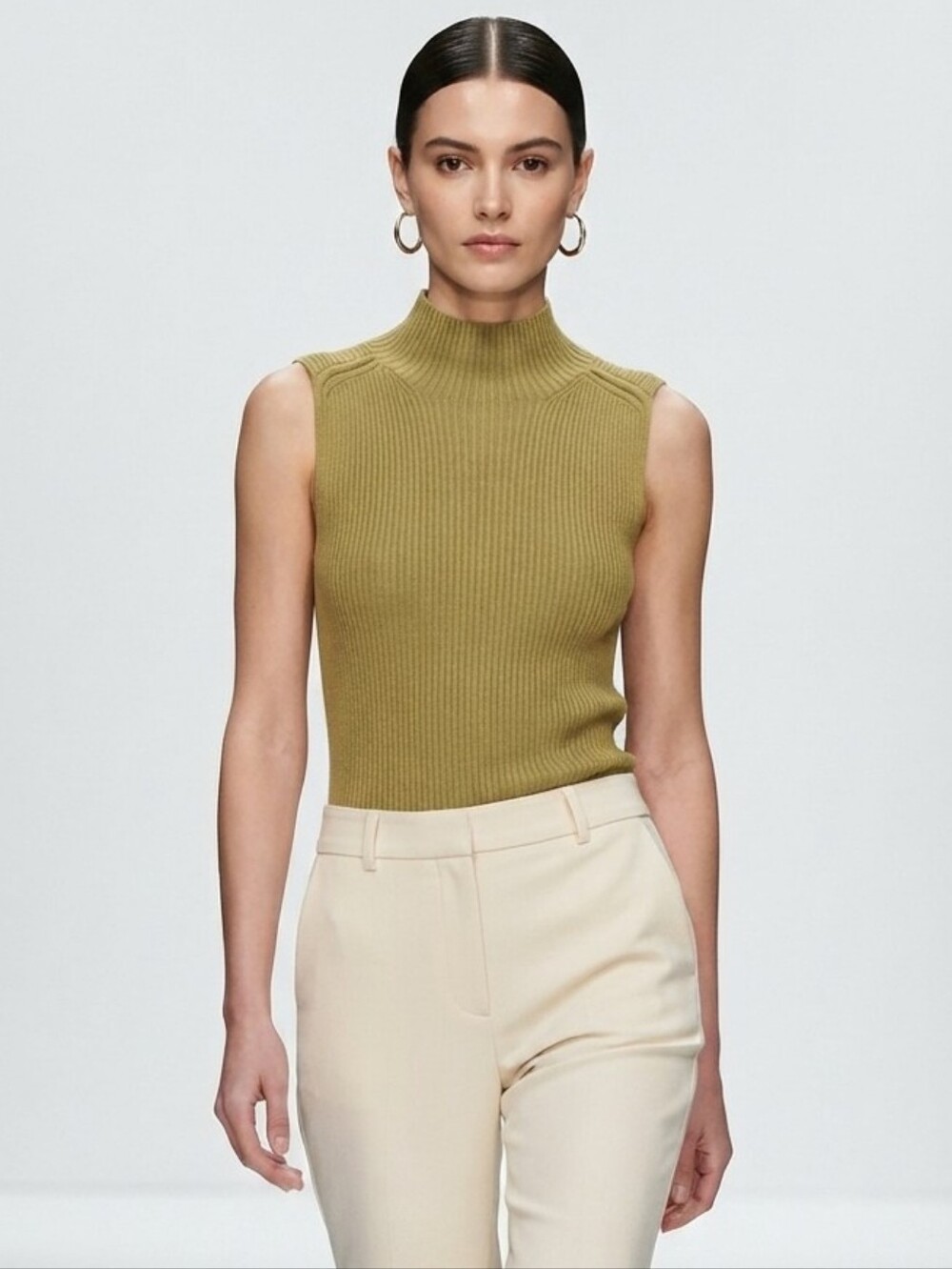 Banana Republic Chartreuse Ribbed Sleeveless Mock Neck Cotton Sweater L Yellow